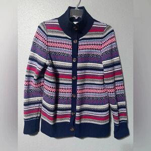 Women's L.L.Bean Striped Multi Colored Sweater Sz MED Merino Wool Big Buttons.